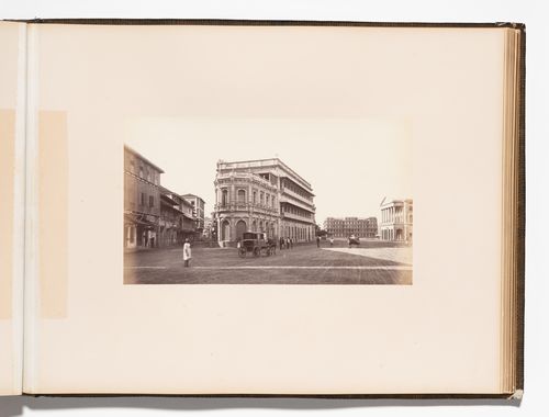 View of Medows Street (now Nagindas Master Marg) and Esplanade Road (now Mahatma Gandhi Road) showing unidentified buildings, Bombay (now India), India