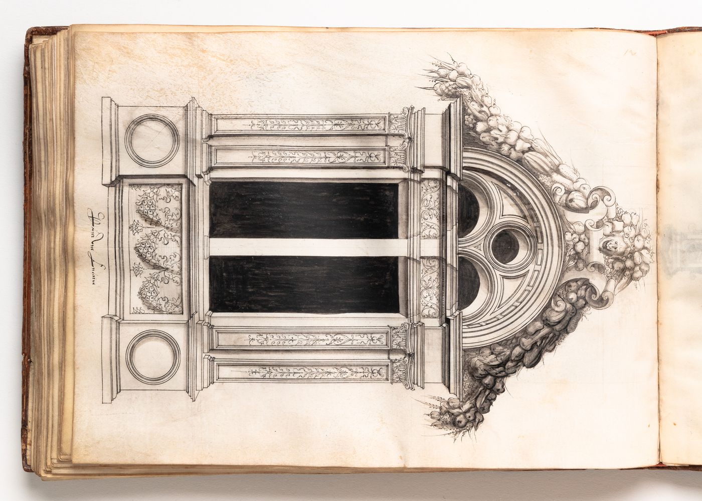 Design for a dormer window with pediment crowned with garlands