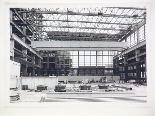 View of construction of steel structure for power station, from interior, United Kingdom