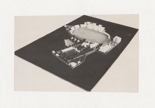 Photograph of a student model by P. Didenko for the project "Sports Park Complex (Garden of Soviet Trade Employees)" for an unidentified course at the Vkhutein (Moscow Higher Technical Institute), Moscow