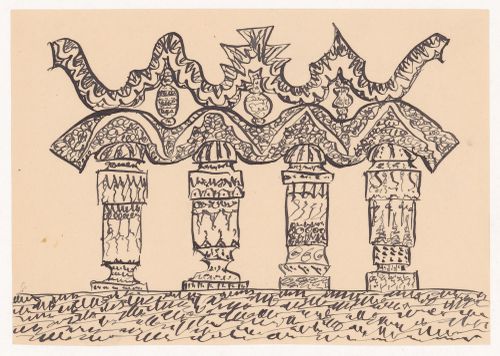 Visionary design for four pillars supporting an undulating architrave