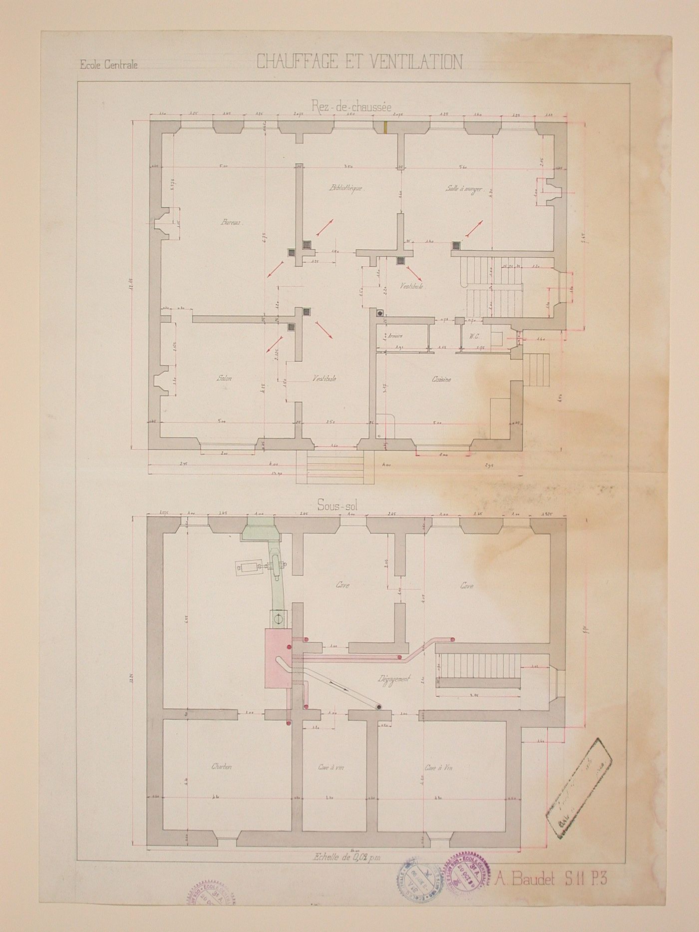 Student engineering drawing: Plans for the heating and ventilation systems of a house