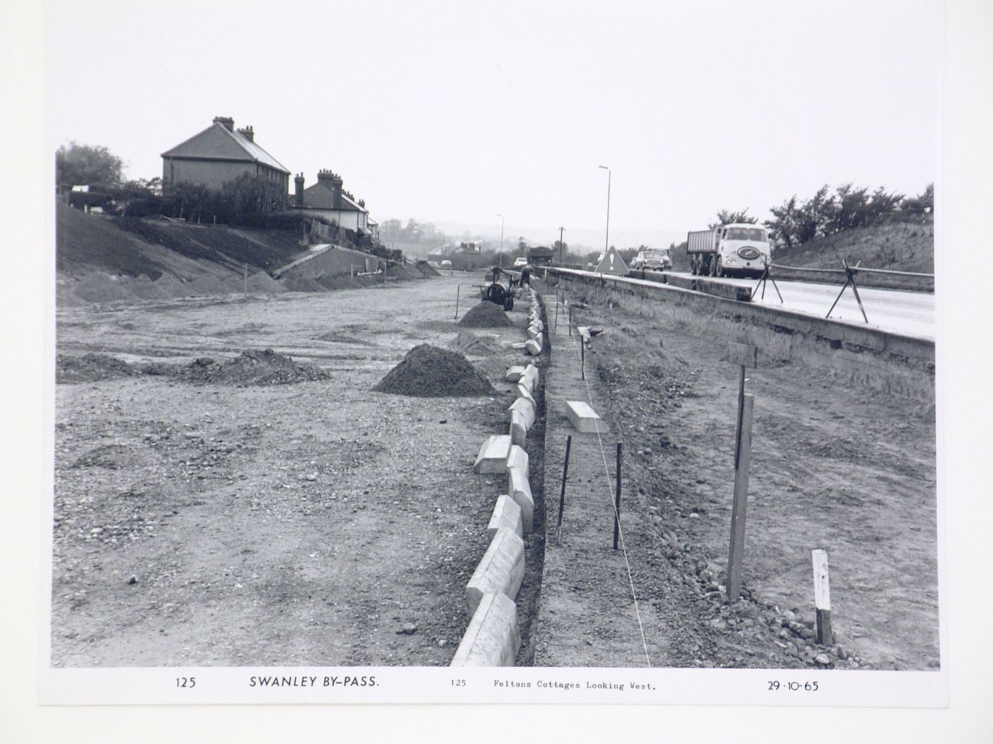 View of Feltons Cottages looking west, during construction of the Swanley Bypass, England
