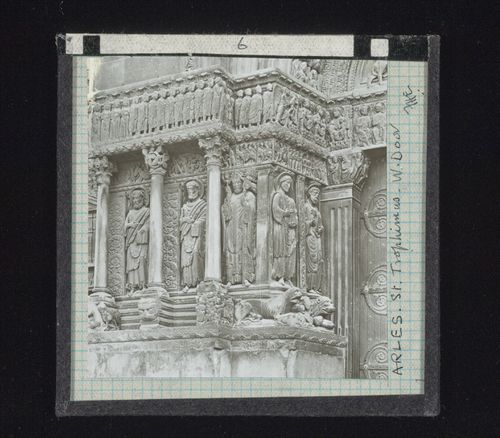 Detail view of sculpture of west door of Saint-Trophime, Arles, France