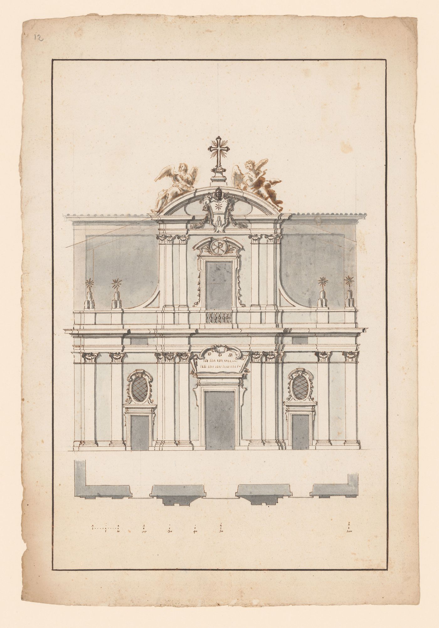 Elevation and plan of the façade of the church of S. Adriano, Rome