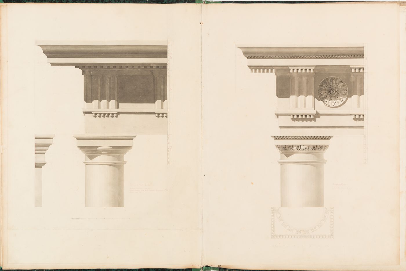 Elevations and profile of a Roman Doric column and entablature from the Theatre of Marcellus, Rome, and an elevation of a Roman Doric column and entablature from a building in Albano