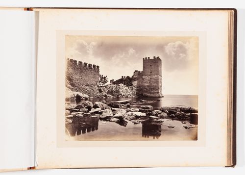 View of a section of the Theodosian Wall showing a wall tower and probably the Sea of Marmara, Constantinople (now Istanbul), Ottoman Empire (now in Turkey)