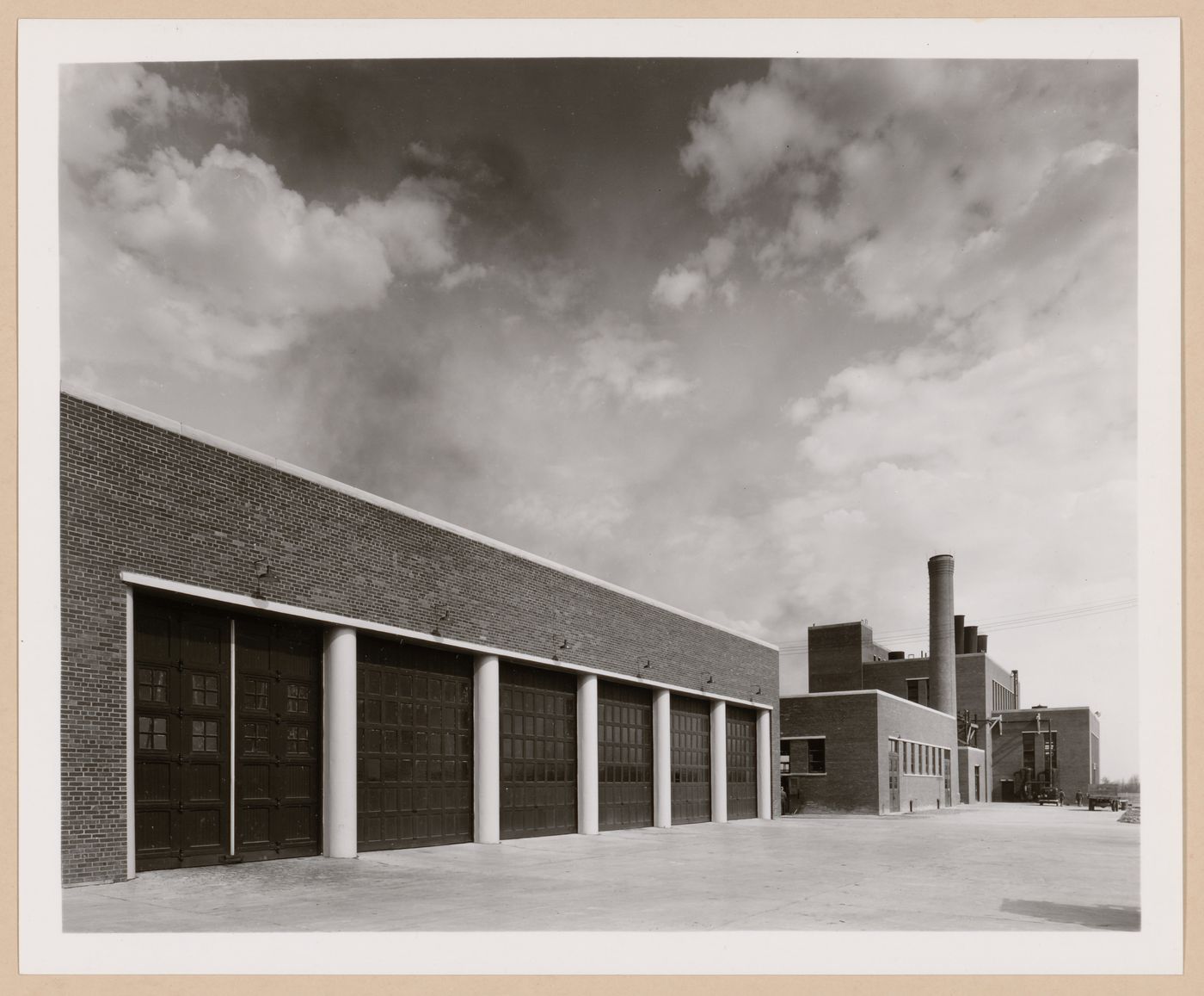 View of the principal façade of the Truck Garage with the Boiler House in the background, Curtiss-Wright Corporation Airplane division Assembly Plant, Louisville, Kentucky