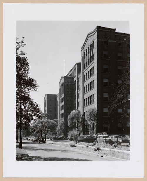 Oblique view of principal façade of the Brush Street Wing, Harper Hospital (now the Harper University Hospital), Brush Street, Detroit, Michigan