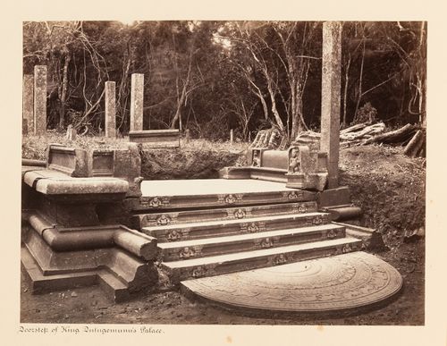 View of a moonstone, staircase and pavilion, King Mahasen's Palace, Anuradhapura, Ceylon (now Sri Lanka)