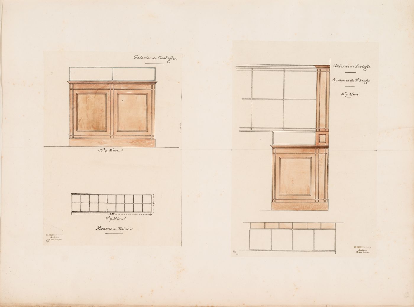 Project for a Galerie de zoologie, 1846: Plans and elevations for the display cabinets for spines and for the display cabinets on the second floor