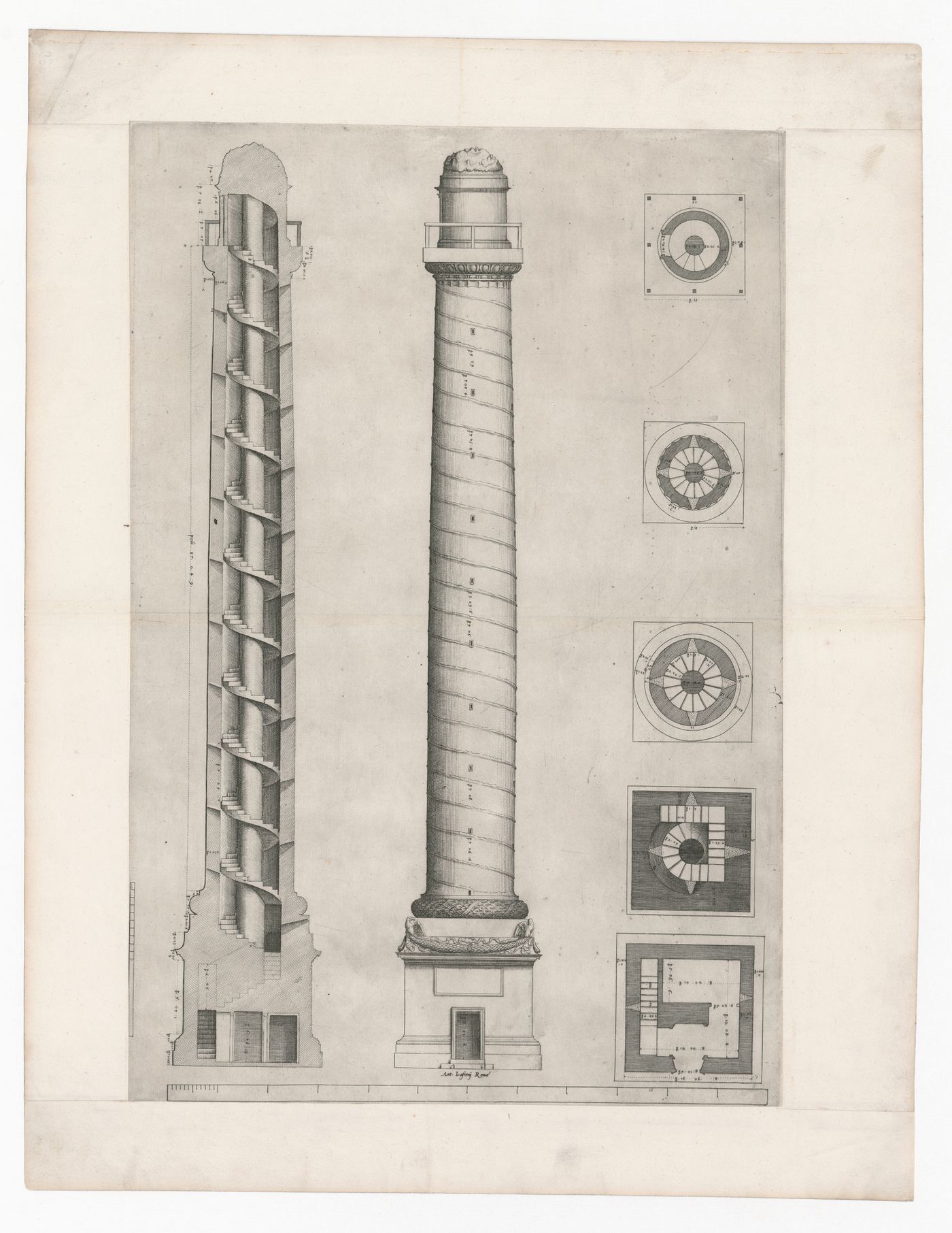 Section, elevation, and plans of Trajan's Column, Rome