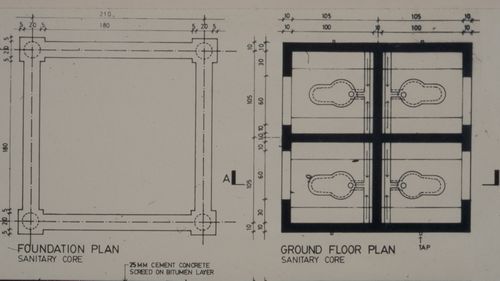 Foundation and ground floor plan of sanitary core for the Aranya Housing Project, Indore, India
