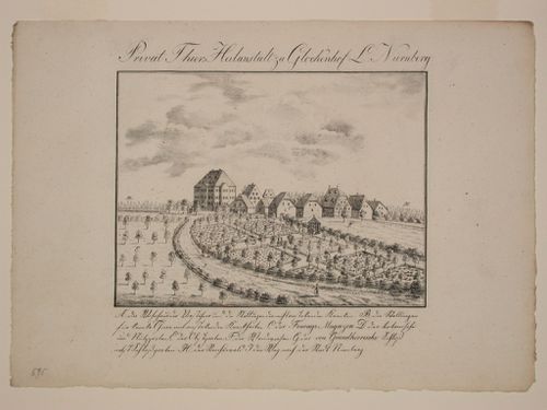 A view of the animal hospital at Glockenhof with the surrounding gardens and road to Nurnberg.