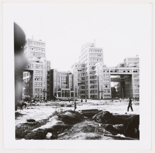 Exterior view of the Department of Industry and Planning (Gosprom) buildings showing Dzerzhinskaya Square under construction, Kharkov, Soviet Union (now in Ukraine)