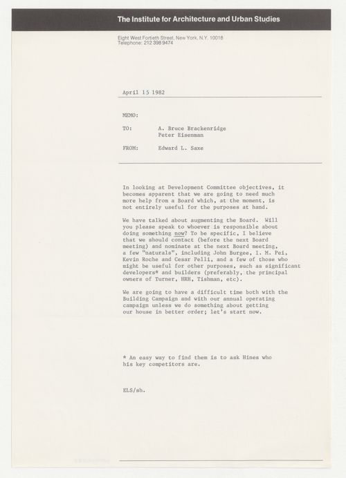 Memorandum from Edward L. Saxe to Peter D. Eisenman and Bruce Brackenridge about adding new members to the Board of Trustees