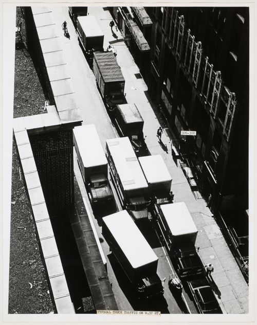 Aerial view of traffic on West 37th Street, Manhattan, New York City, New York