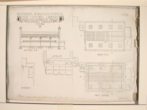 Roof, first floor plans, and section for the proposed reference library, Battersea Borough