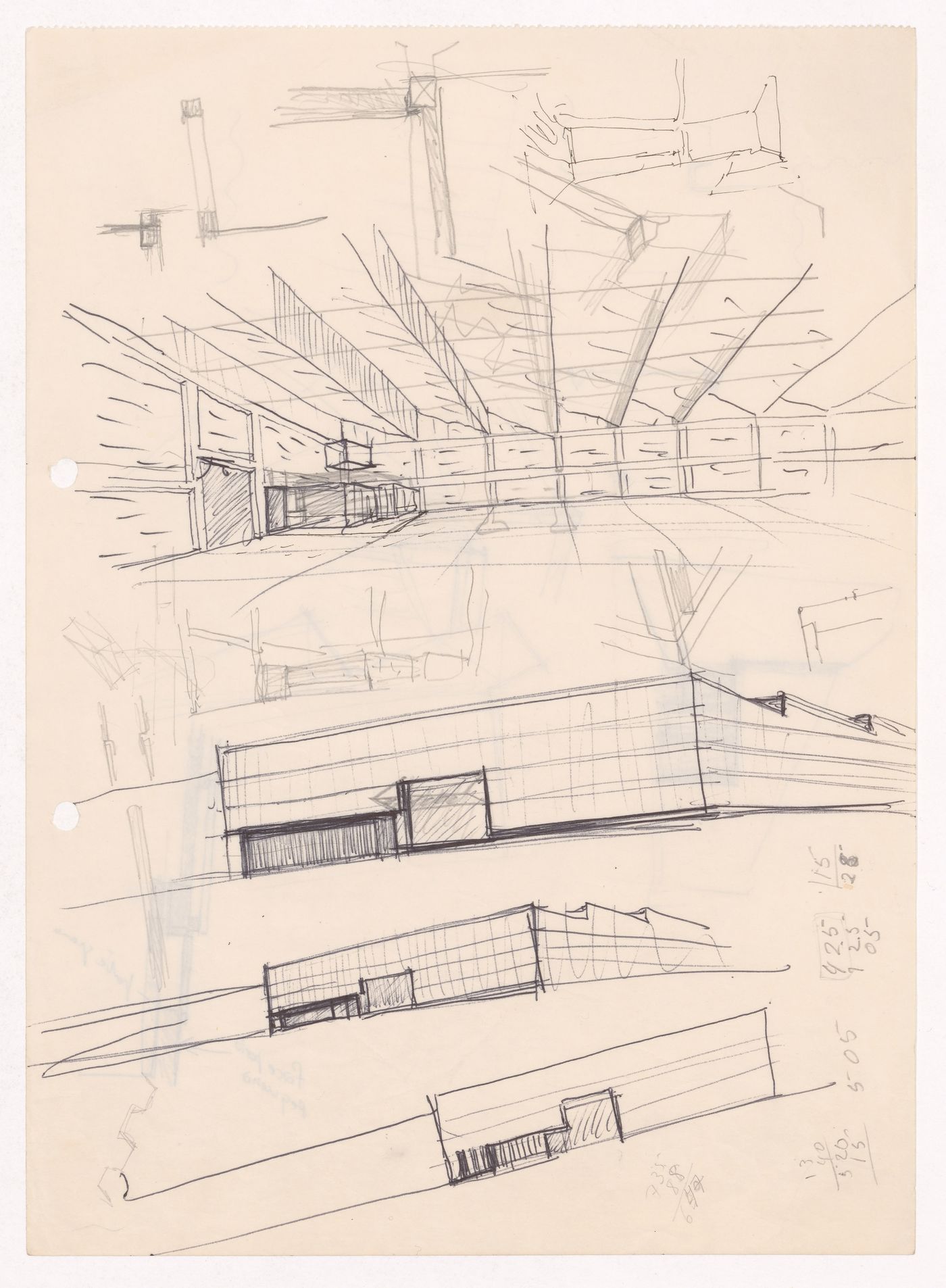 Sketch perspectives and details with annotations for Armazém de algodão, Matosinhos, Portugal