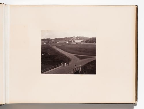Distant view of houses [?] and St. Xavier College with people and a bridge in the foreground, Pointe de Galle (now Galle), Ceylon (now Sri Lanka)