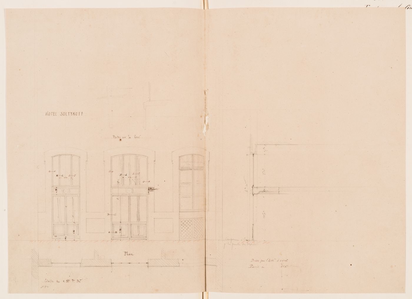 Preliminary elevation, plan and section for the courtyard doors, Hôtel Soltykoff