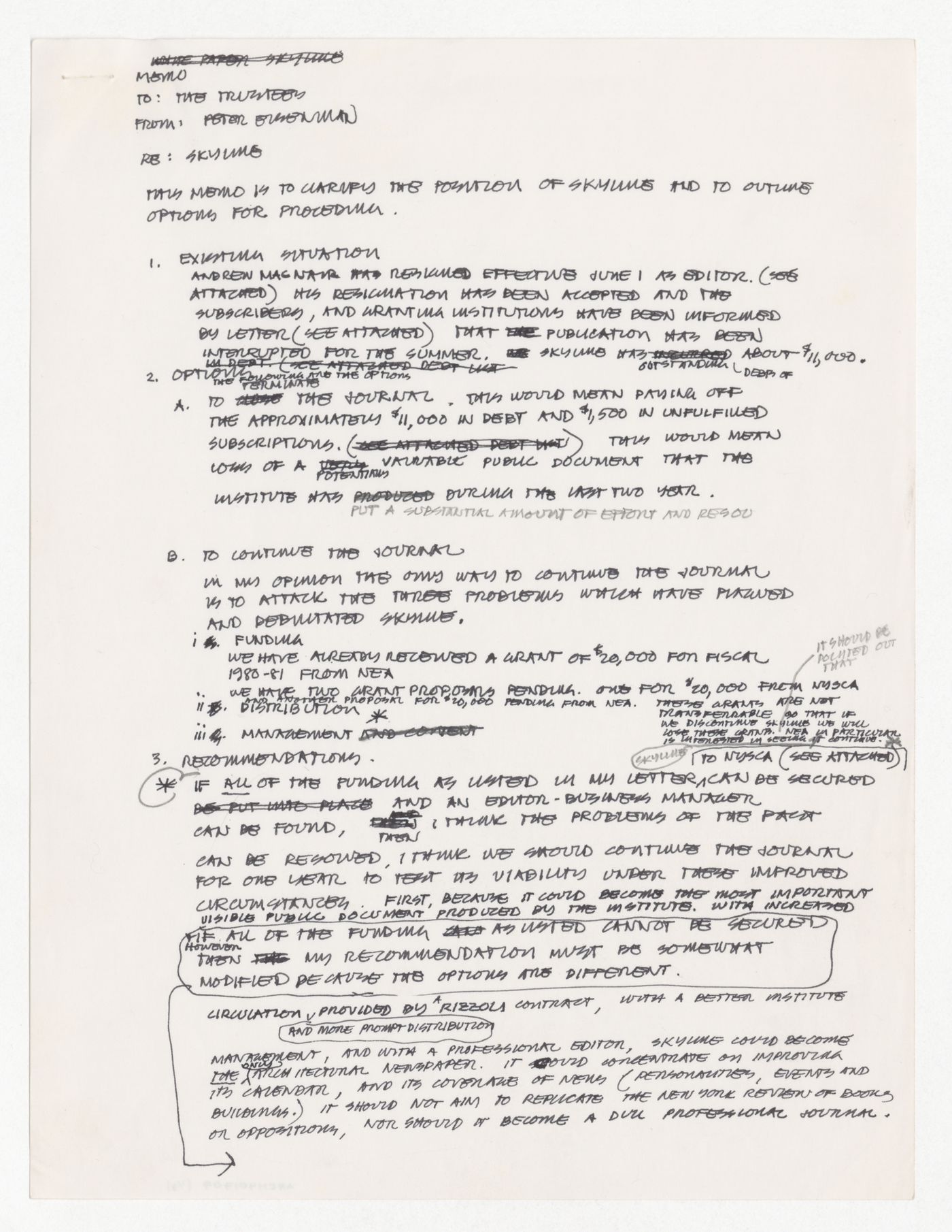 Draft memorandum from Peter D. Eisenman to the Trustees about publication of Skyline