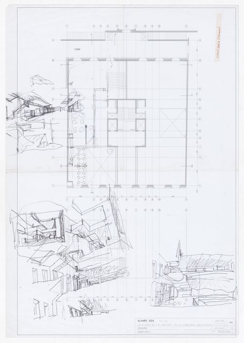 Second floor plan and sketch perspectives for Nova Cervejaria, Lisbon, Portugal