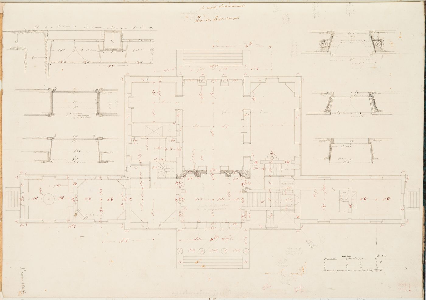Project for a château for M. de Lorgeril, Motte Beaumanoir: Ground floor plan with plans for the window and door openings