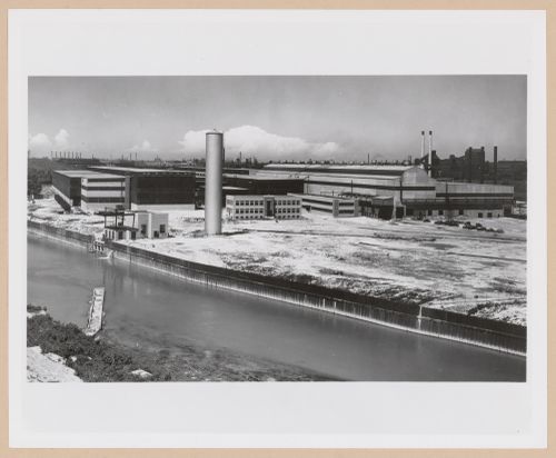 View of the Strip Mill, Administration Building and Welfare Building from across a canal, Republic Steel Corporation Assembly Plant [?], Cleveland, Ohio