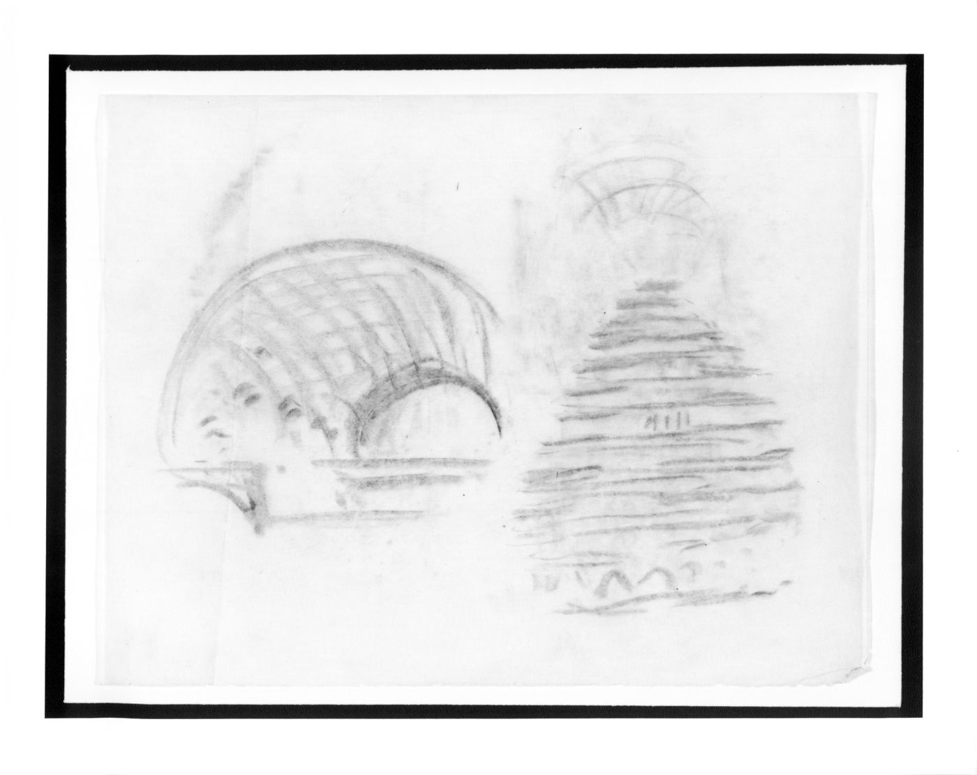 Interior and exterior sketches of an unidentified project, possibly the Festpielhaus, Salzburg.