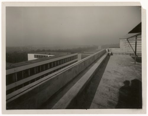 Exterior view of the Bauhaus building showing the roofs, Dessau, Germany