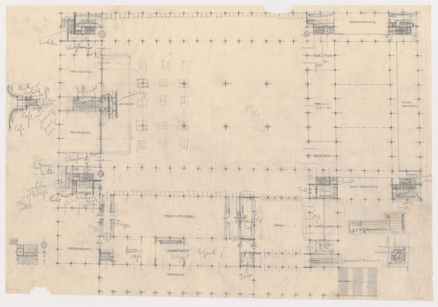 Plan and partial plans for the main level and sketch elevation for the principal façade for the New Stock Exchange Building, Rotterdam, Netherlands