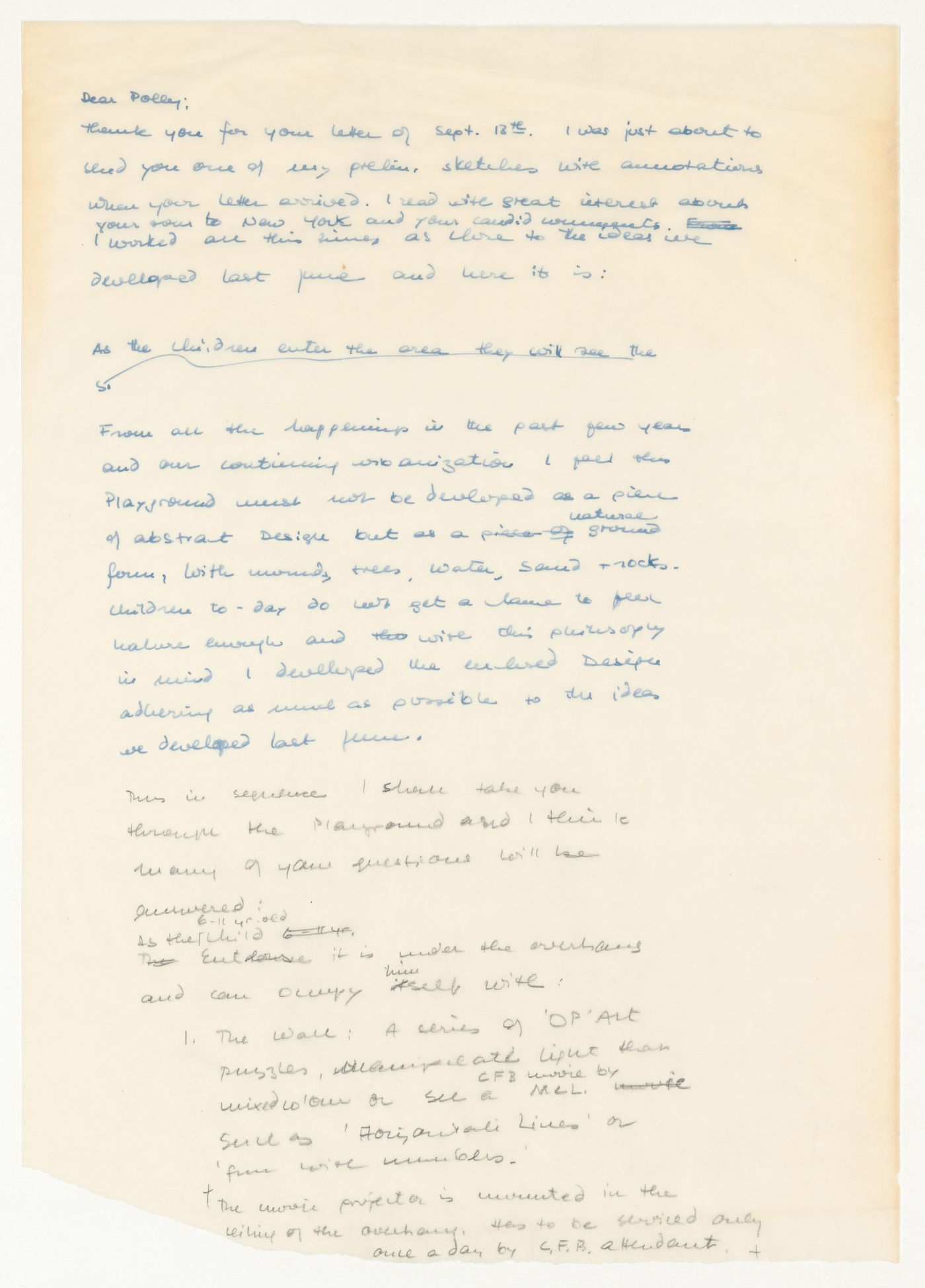 Draft letter from Cornelia Hahn Oberlander to Polly Hill for Children's Creative Centre Playground, Canadian Federal Pavilion, Expo '67, Montréal, Québec