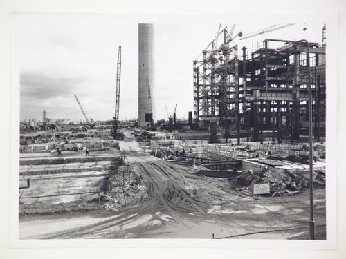 View of cranes and construction site for power station, United Kingdom