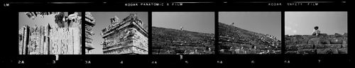 Strip of negatives of people and ruins, Chichen Itza, Mexico