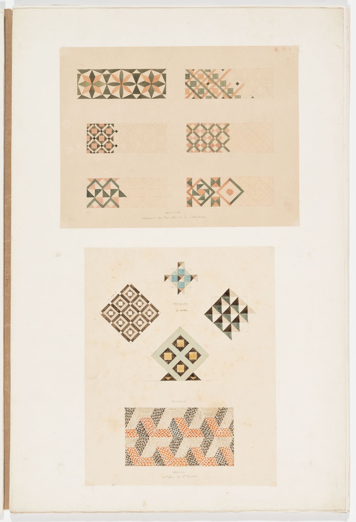Ornament drawings of geometric patterns from San Marco, Venice, San Corona, Vicenza, and from the Cathedral of San Maria, Messina