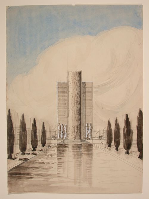 Design for a monument with two colossal figures and a reflecting pool