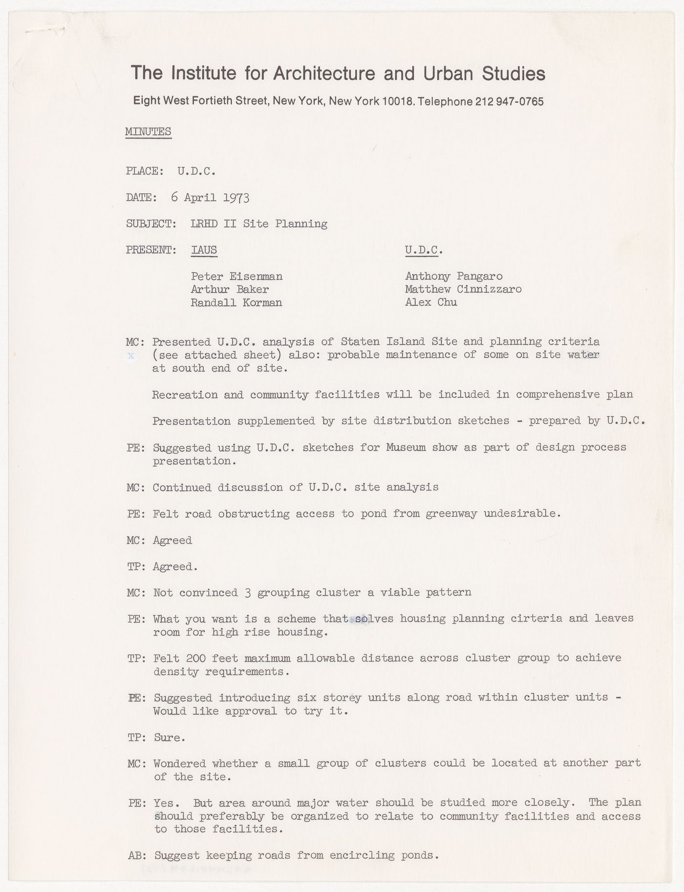 Minutes from meeting between Urban Development Corporation (UDC) and IAUS about Low-Rise High-Density (LRHD) phase II site planning