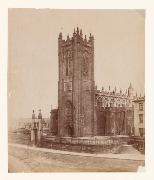 Exterior view of west front and tower, Manchester, England