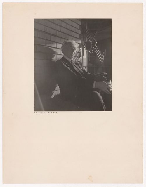 Portrait of Frank Lloyd Wright in front of the Hanna House, Palo Alto, California, United States