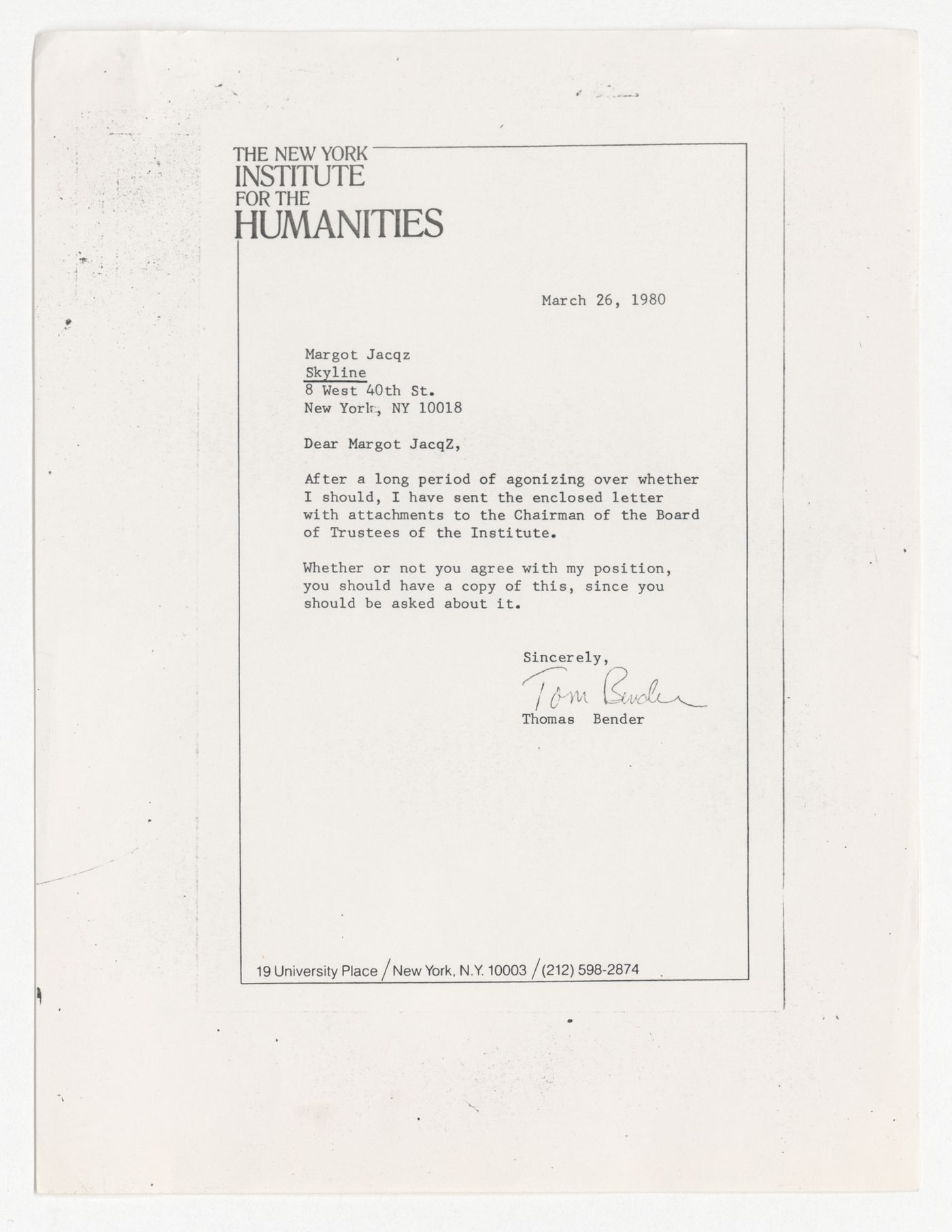 Letter from Thomas Bender to Margot Jacqz with attached copy of a letter from Thomas Bender to Armand Bartos dated March 25th 1980 and related documents