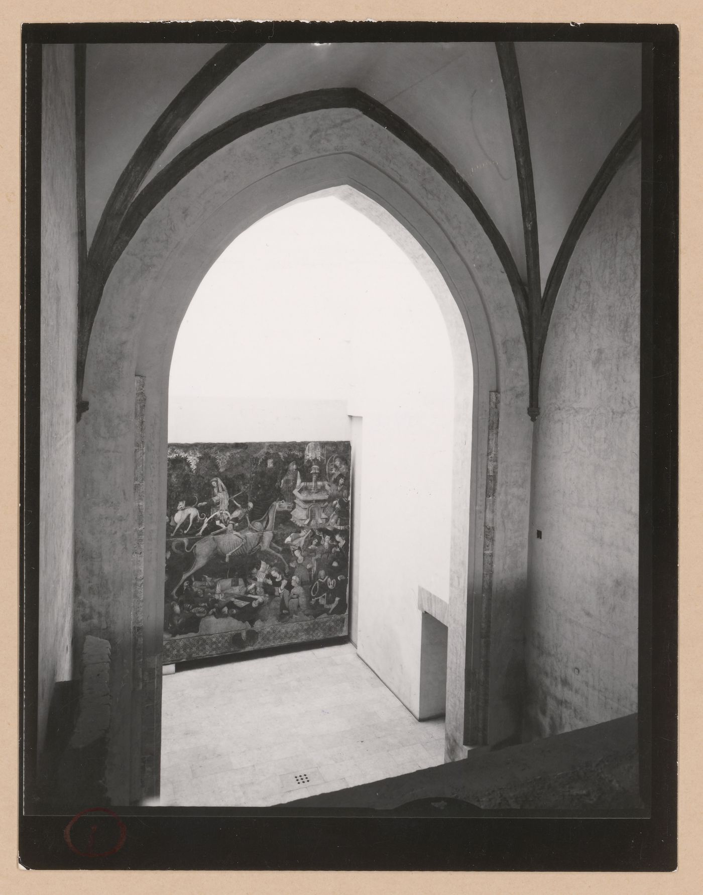 Interior view of a gallery showing a painting, Palazzo Abatellis, Galleria regionale della Sicilia, Palermo, Italy