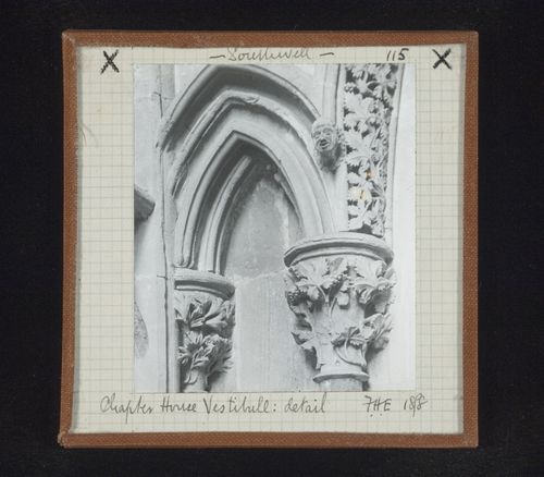 Detail view of an arch, capital and ornamentation in vestibule of Chapter House, Southwell Minster, Southwell, Nottinghamshire, England