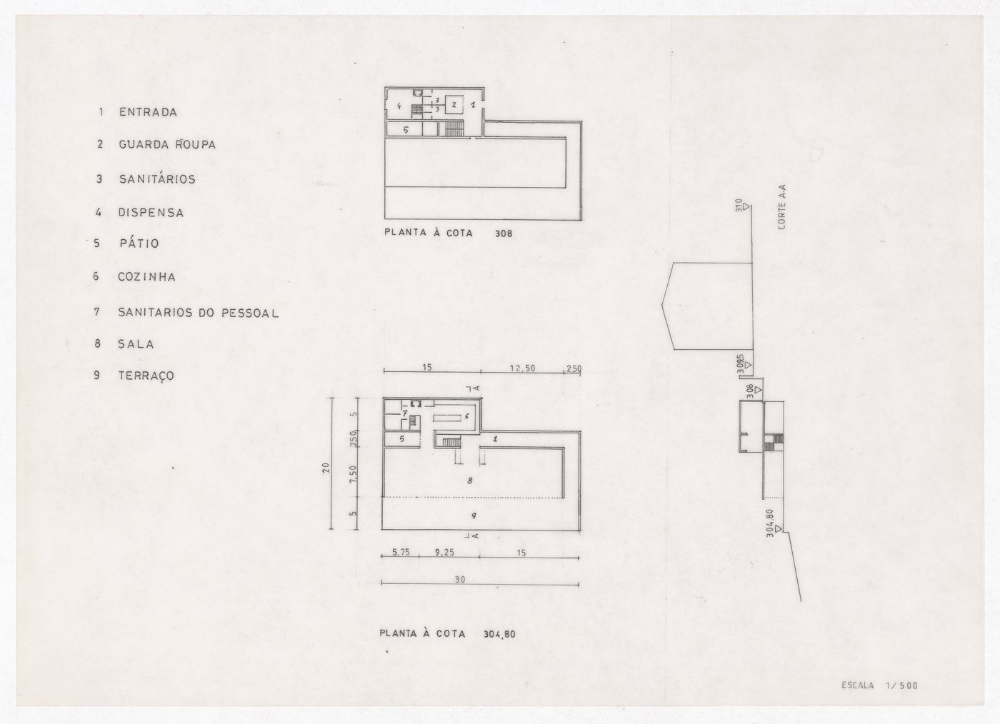 Plans and section for Restaurante de Santo Domingo de Bonaval, Santiago de Compostela, Spain