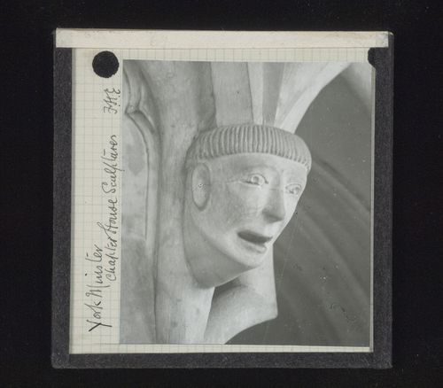 View of sculpture of head in Chapter House of York Minster, York, North Yorkshire, England