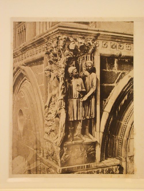 View of the sculpture "The Drunkeness of Noah" on a corner of the façade of the Palazzo ducale, Venice, Italy