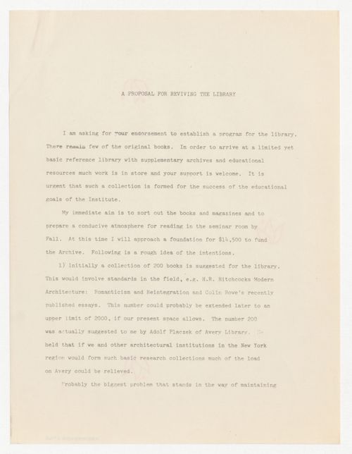 Memorandum from Suzanne Stephens to Peter D. Eisenman with attached proposal for reviving IAUS library