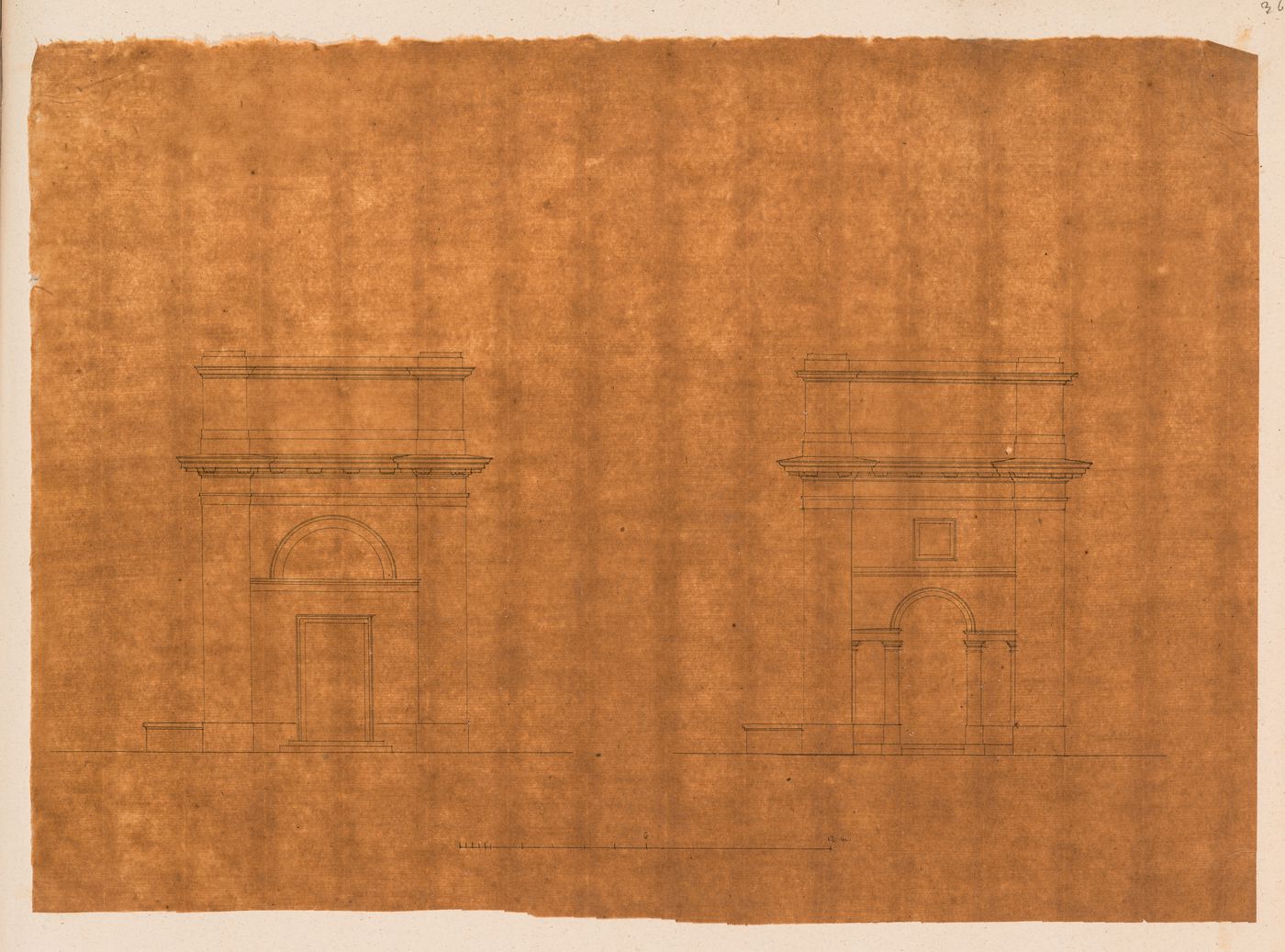 Project for the redevelopment of the École de médecine and surrounding area, Paris: Side elevations for a fountain for the Clinique de l'École de médecine