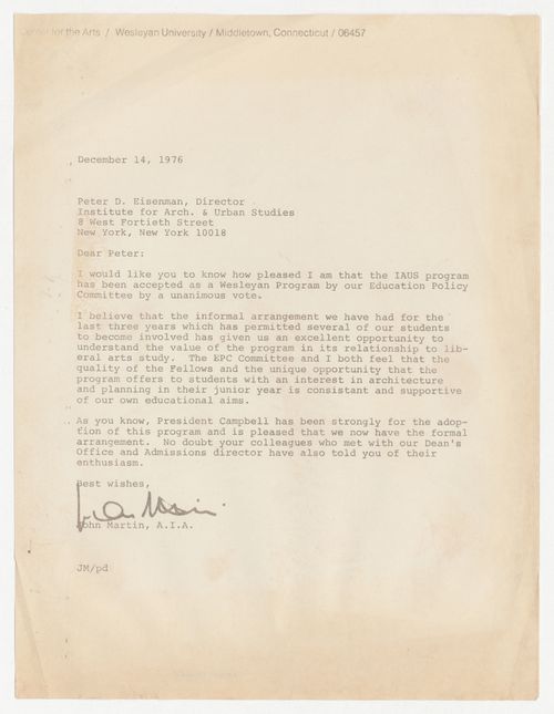 Letter from John Martin to Peter D. Eisenman about collaboration between Wesleyan University and IAUS