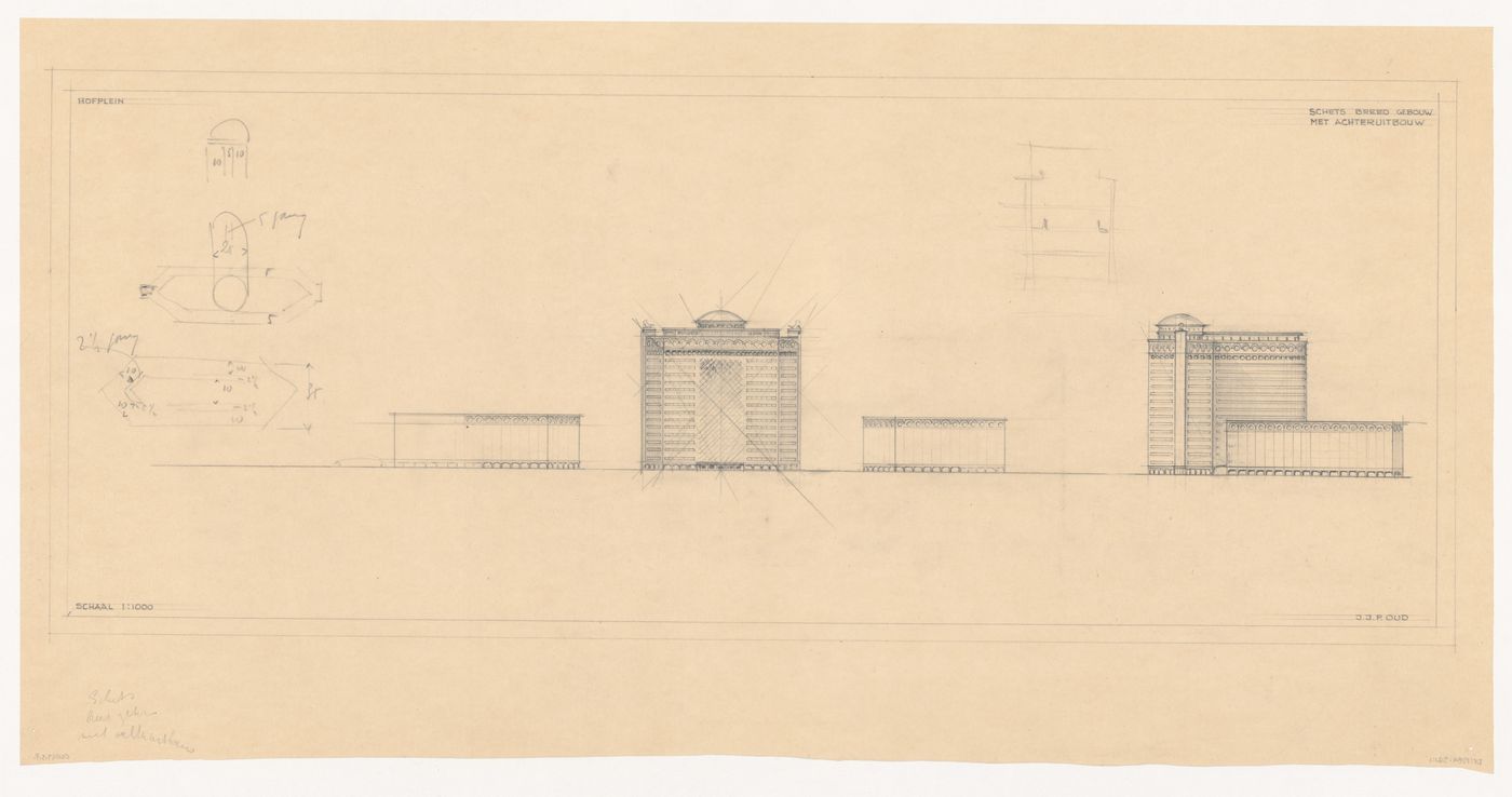 Principal and lateral elevations, sketch plans and sketch section for Industriegebouw Plan A for the reconstruction of the Hofplein (city centre), Rotterdam, Netherlands